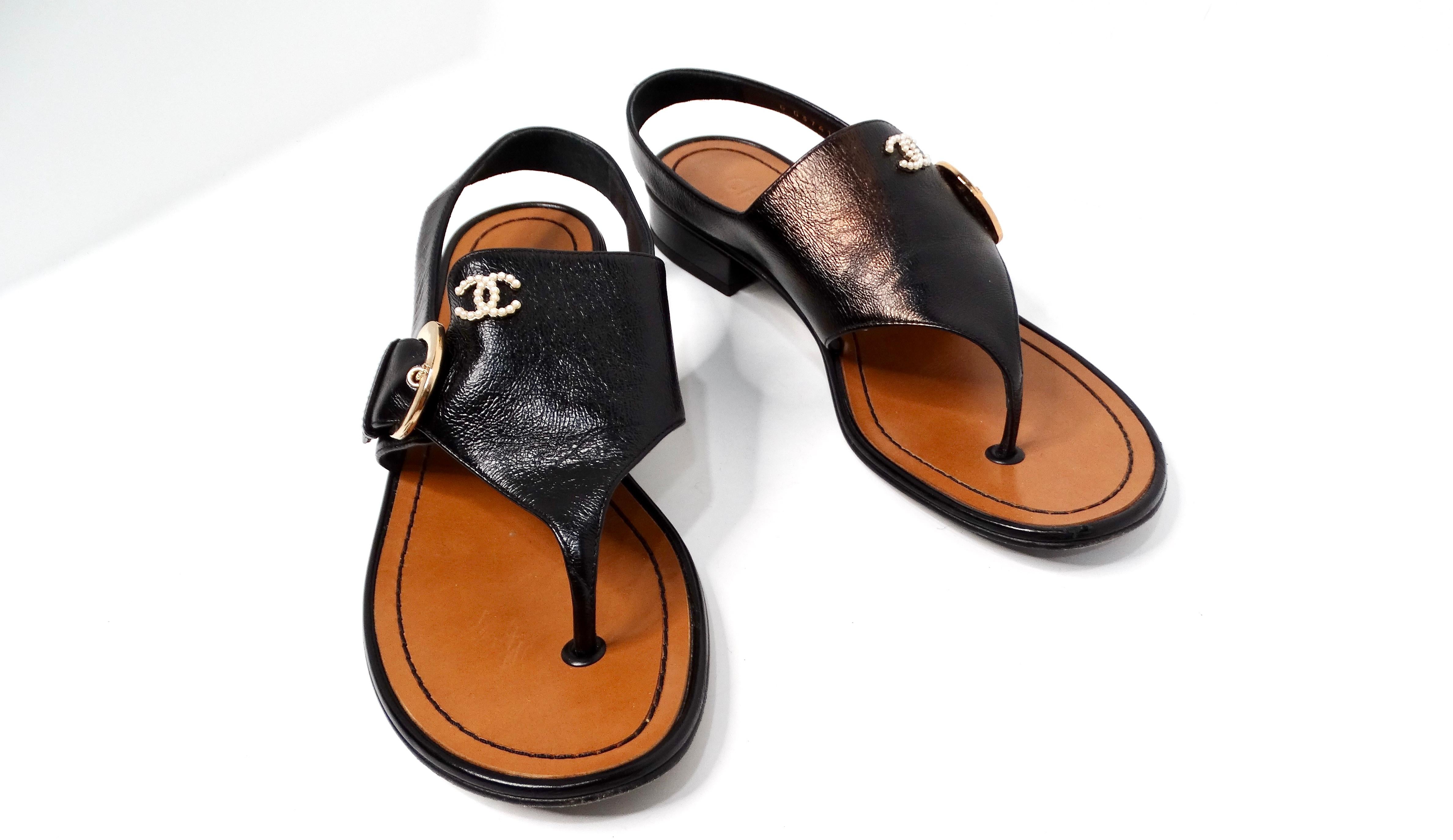 Women's Chanel Black Leather Buckle Sandals With Pearl Interlocking CC Logo