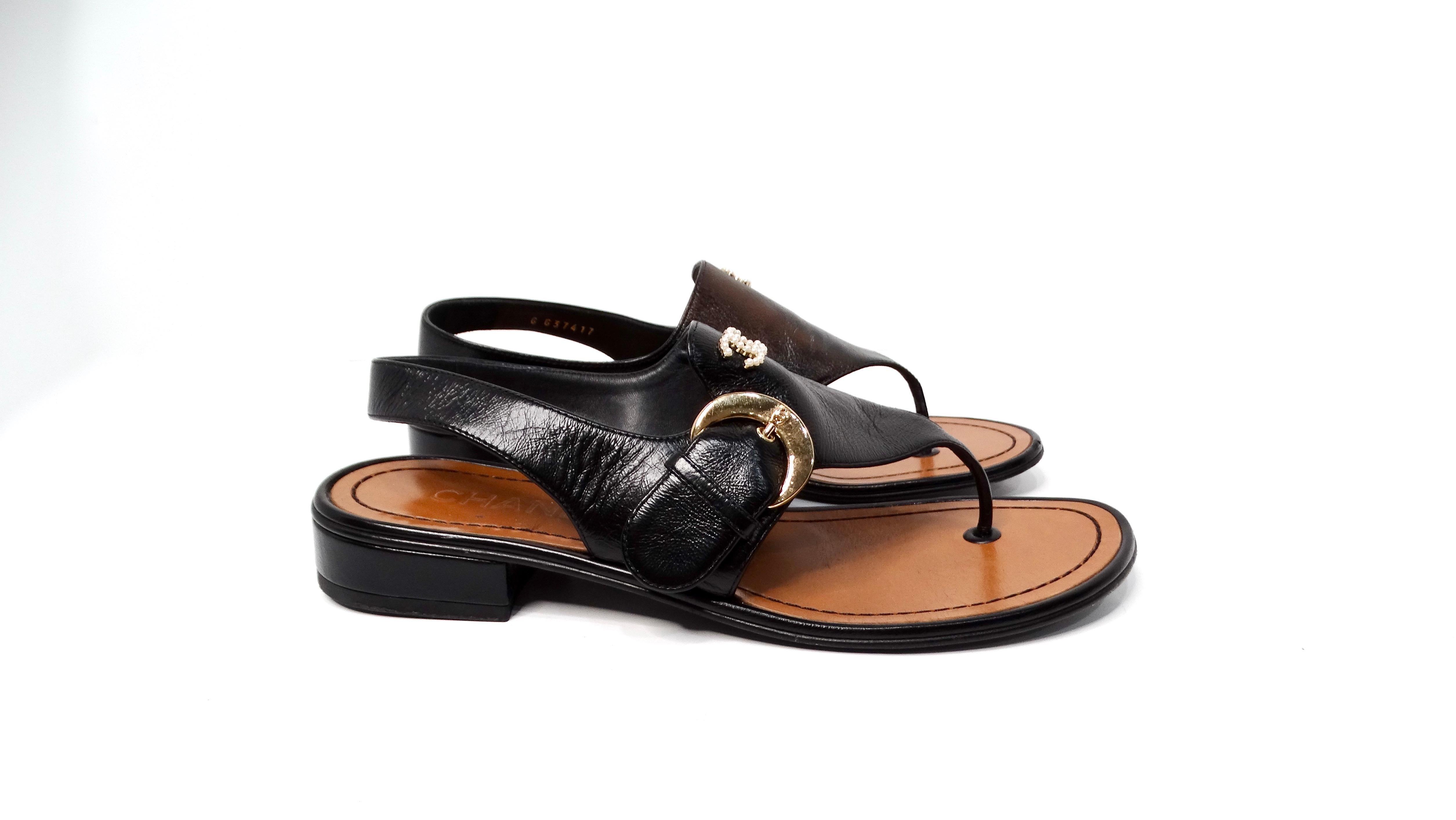 Chanel Black Leather Buckle Sandals With Pearl Interlocking CC Logo 1