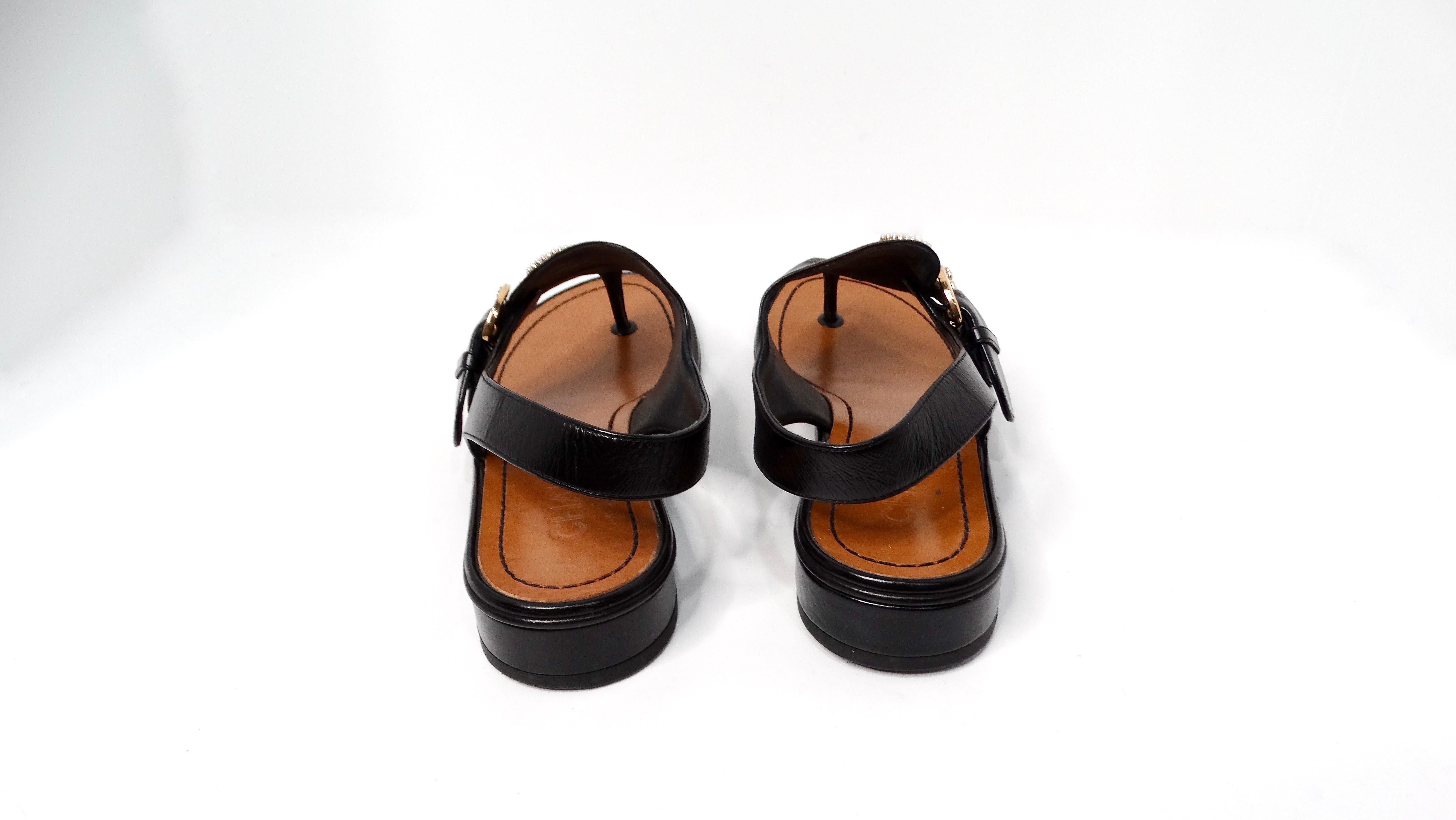 Chanel Black Leather Buckle Sandals With Pearl Interlocking CC Logo 2