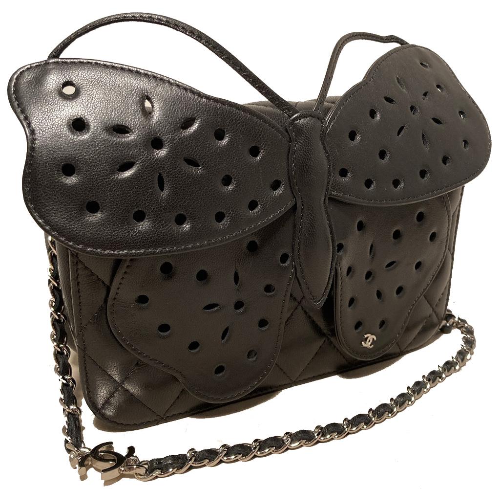 Women's Chanel Black Leather Butterfly Mini Classic Flap Bag