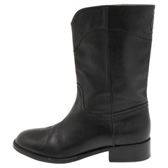 Used Chanel Black Leather Calf Length Boots Size 37.5