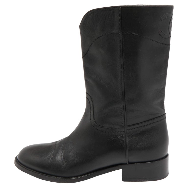 Chanel Black Leather Calf Length Boots Size 37.5 For Sale at 1stDibs