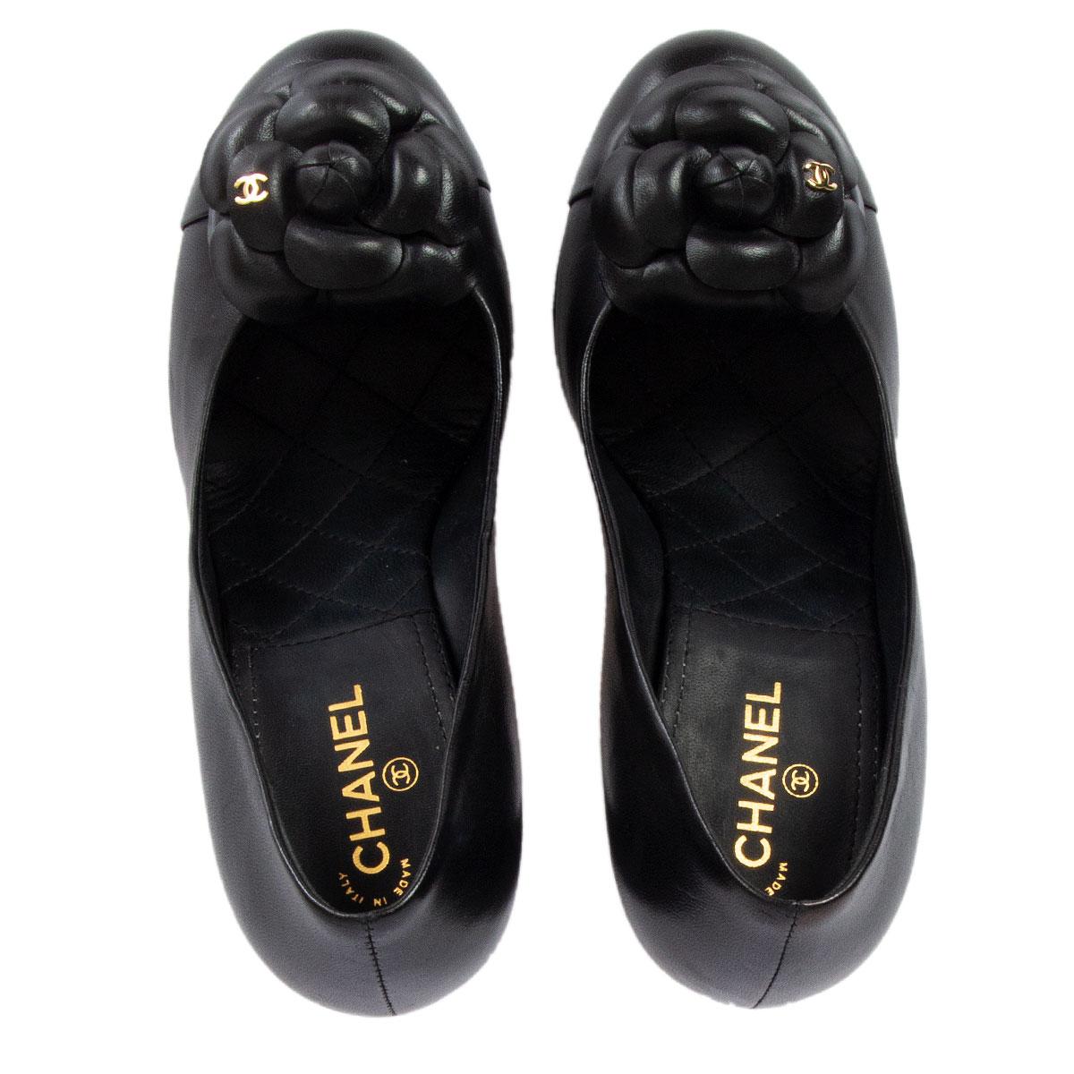 Women's CHANEL black leather CAMELIA BLOCK HEEL Pumps Shoes 38.5
