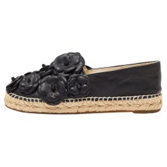 Chanel Black Leather Camelia Espadrille Flats Size 38