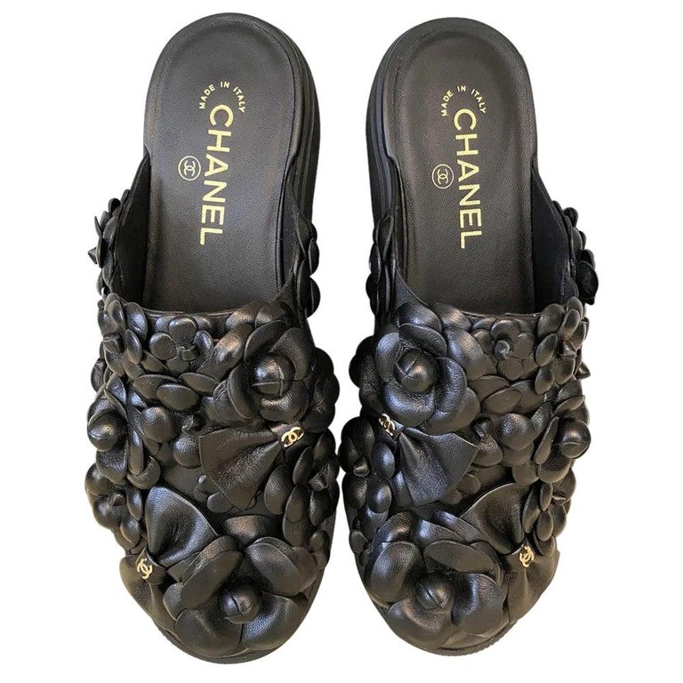 NEW CHANEL SHOES SANDALS CAMELIA HEEL QUILTED 37 BLACK LEATHER
