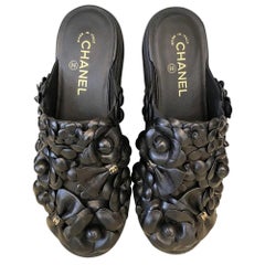 Chanel black leather camelia sandals shoes