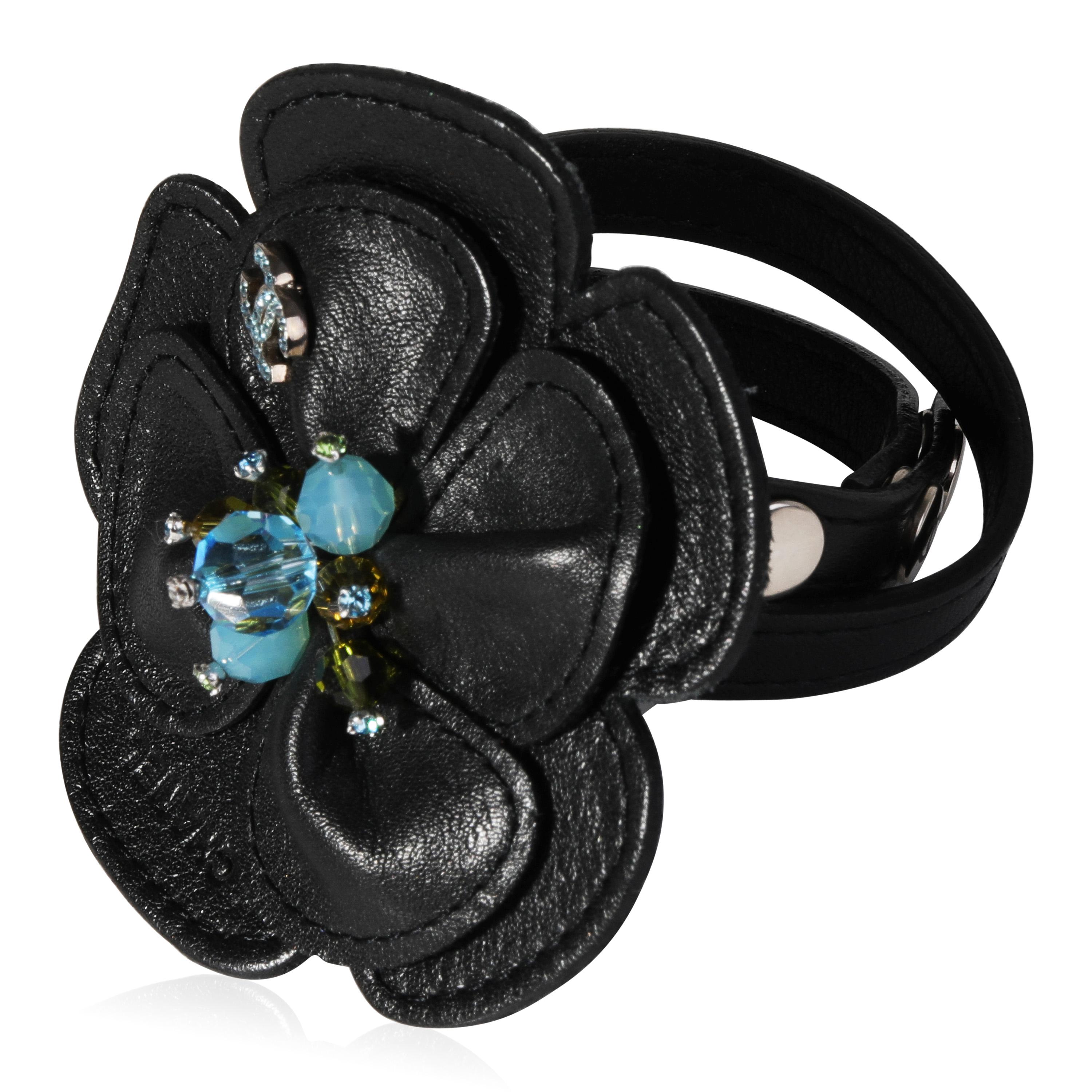 Chanel Black Leather Camelia Wrap Bracelet, Geen & Blue Beads In Excellent Condition In New York, NY