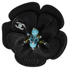 Chanel Black Leather Camelia Wrap Bracelet, Geen & Blue Beads