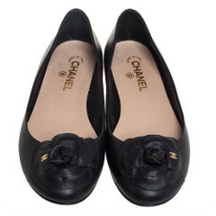 Chanel Black Leather Camellia Ballet Flats Size 40