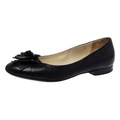 Chanel Black Leather Camellia CC Ballet Flats Size 37.5