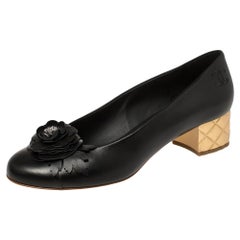 Chanel Black Leather Camellia CC Block Heel Pumps Size 41