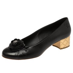 Chanel Black Leather Camellia CC Block Heel Pumps Size 41