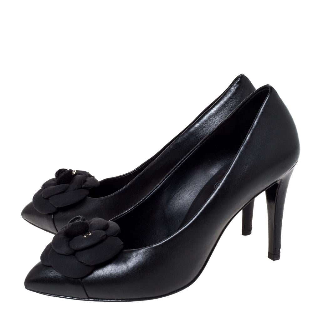 Chanel Black Leather Camellia CC Pumps Size 38 1