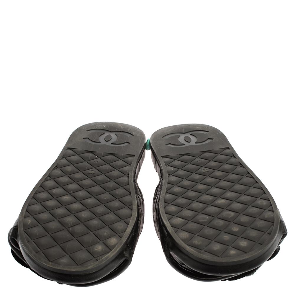 Chanel Black Leather Camellia Embellished Velcro Flat Slides Size 39 1