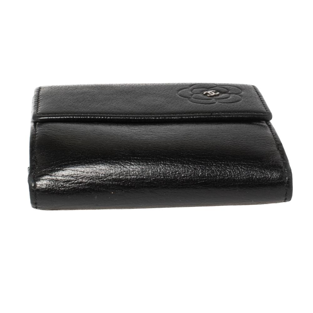 Women's Chanel Black Leather Camellia Embossed Compact Wallet