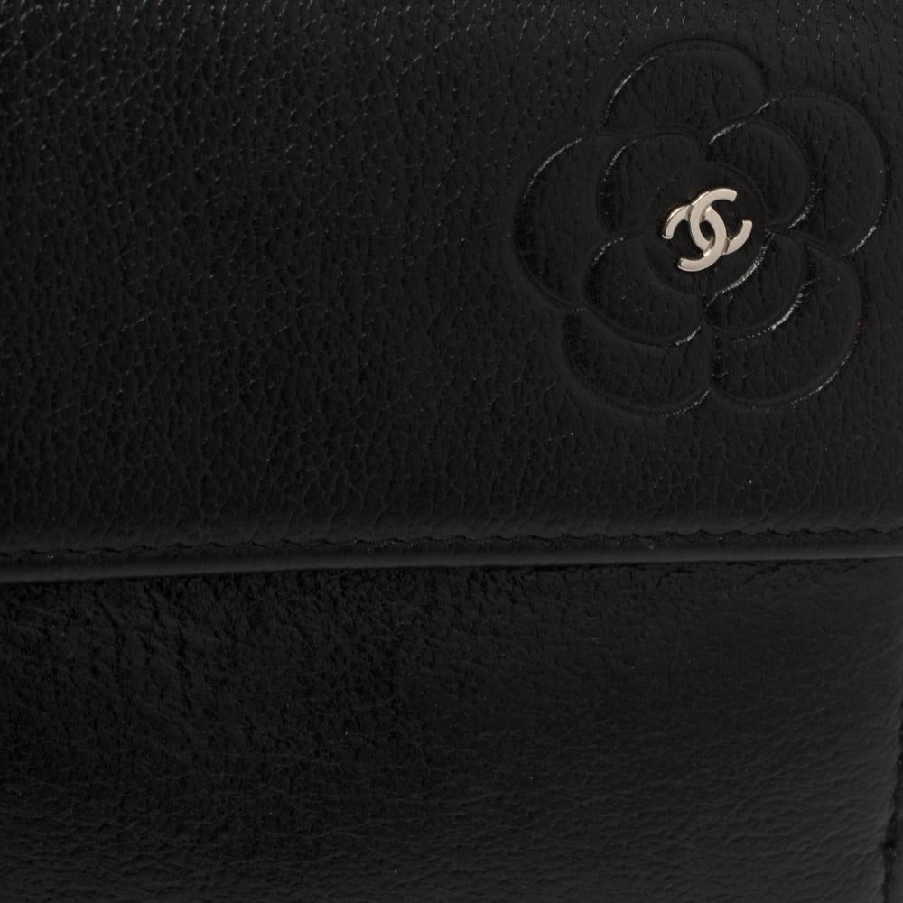 Chanel Black Leather Camellia Embossed Compact Wallet 2