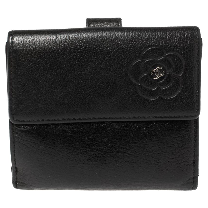 Chanel Black Leather Camellia Embossed Compact Wallet