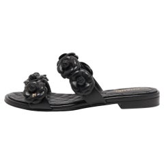 Chanel Black Leather Camellia Flat Slides Size 37.5