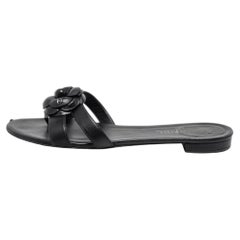 Chanel Black Leather Camellia Flat Slides Size 41