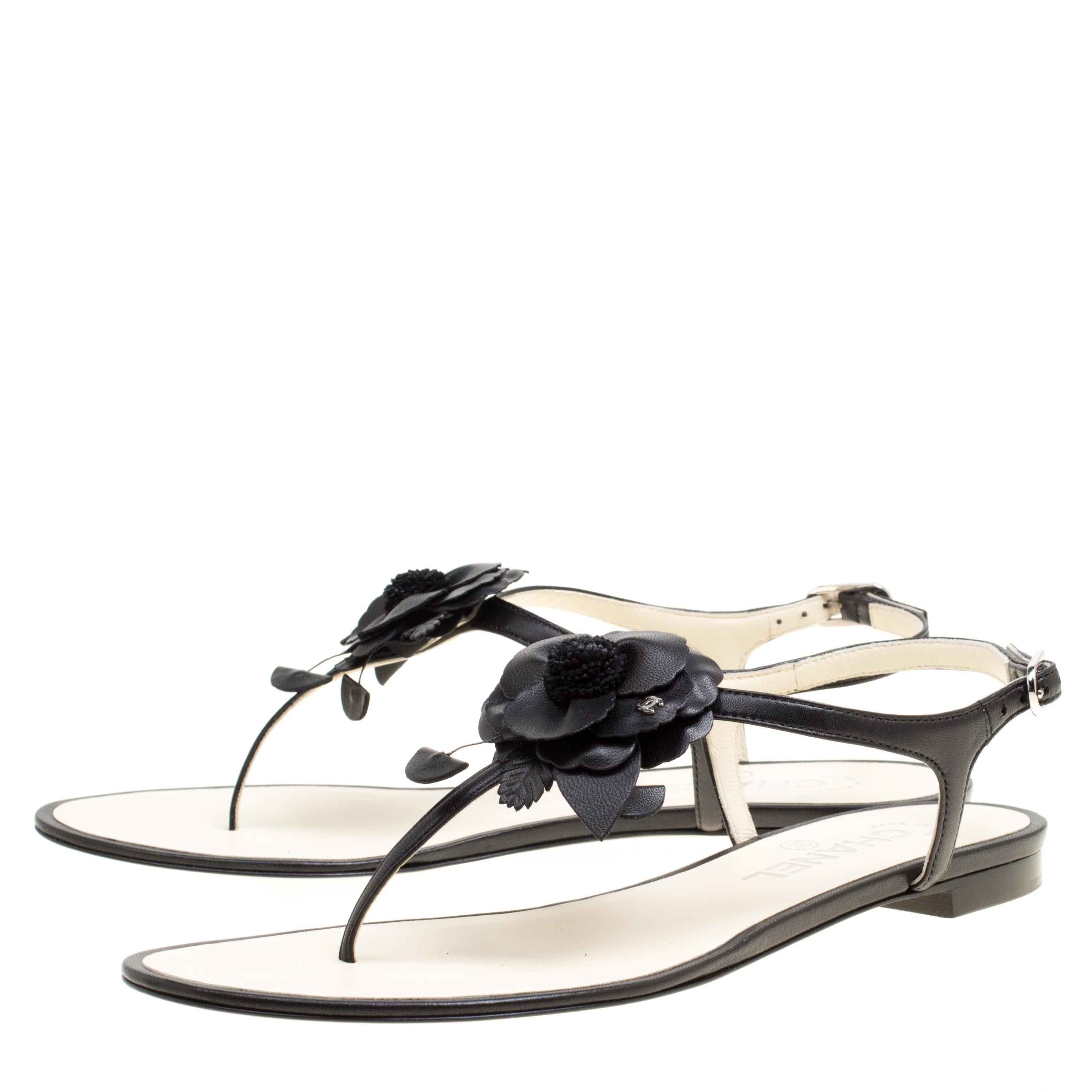 Beige Chanel Black Leather Camellia Flat Thong Sandals Size 38