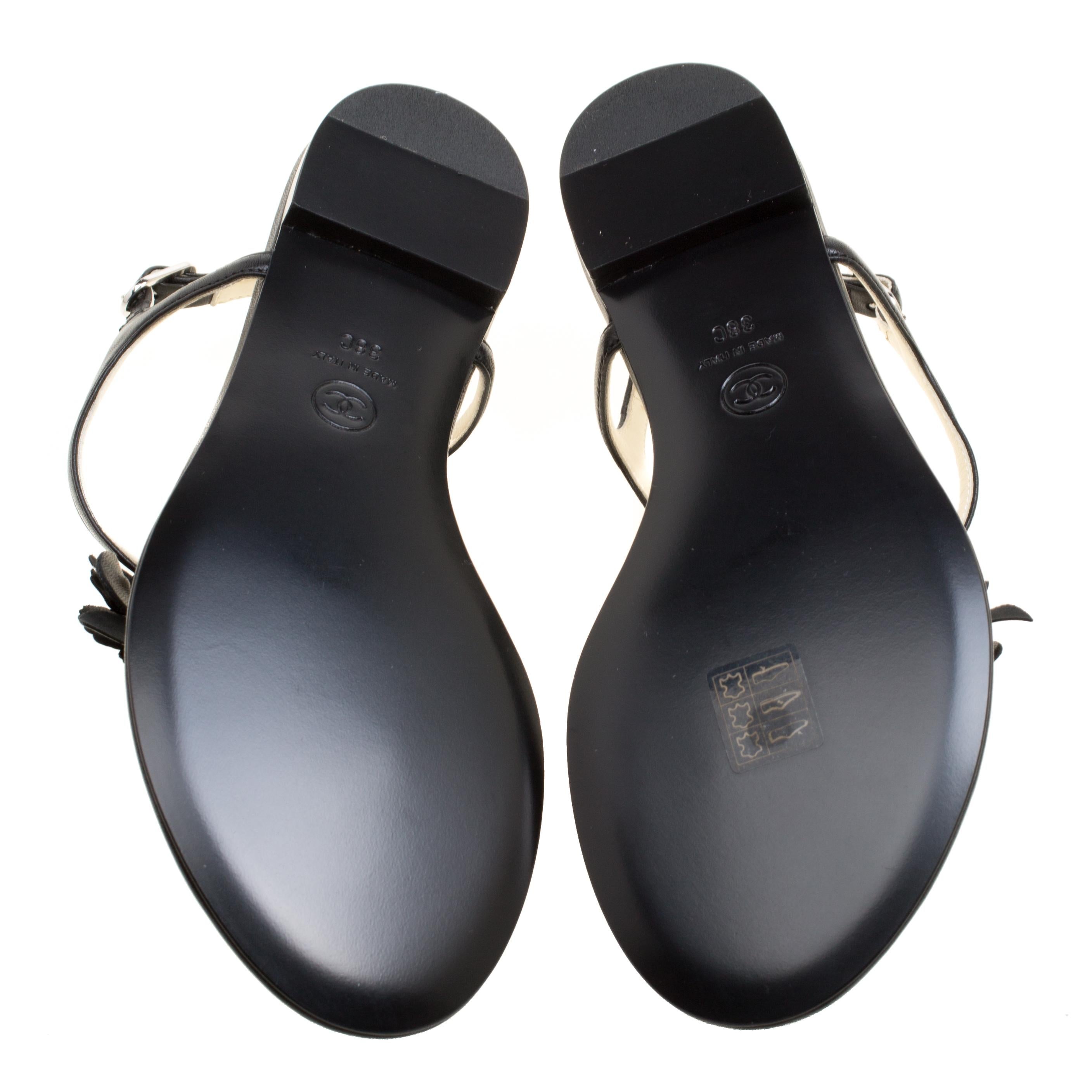 Chanel Black Leather Camellia Flat Thong Sandals Size 38 1