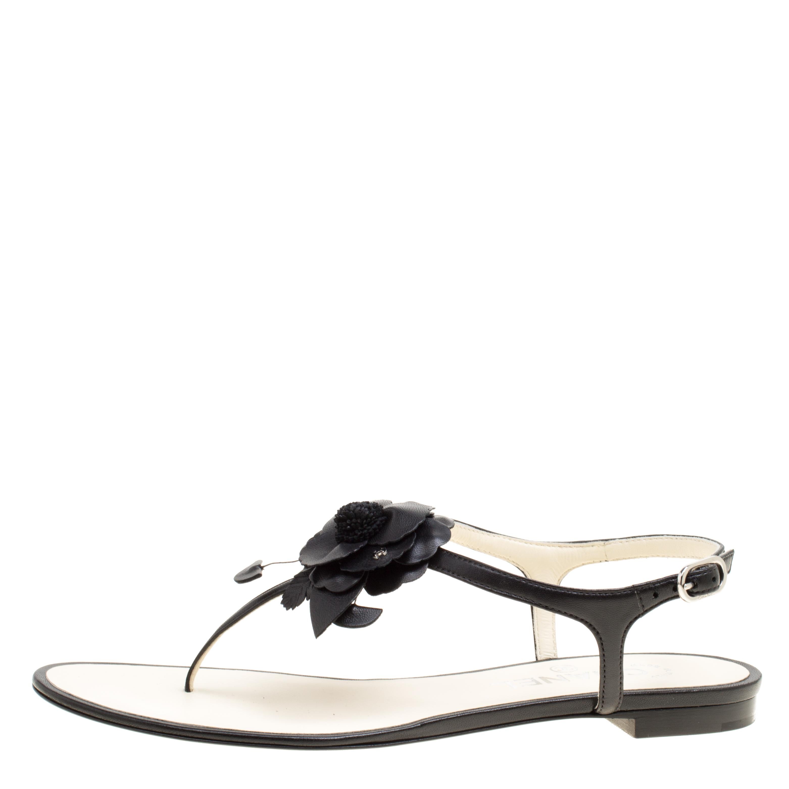 Chanel Black Leather Camellia Flat Thong Sandals Size 38