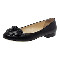 Chanel Black Leather Camellia Flower Ballet Flats Size 38