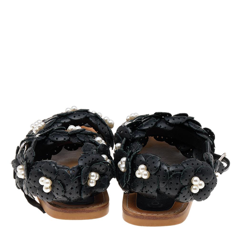 Women's Chanel Black Leather Camellia Flower Pearl Embellished Flat Sandals Size 37.5 For Sale