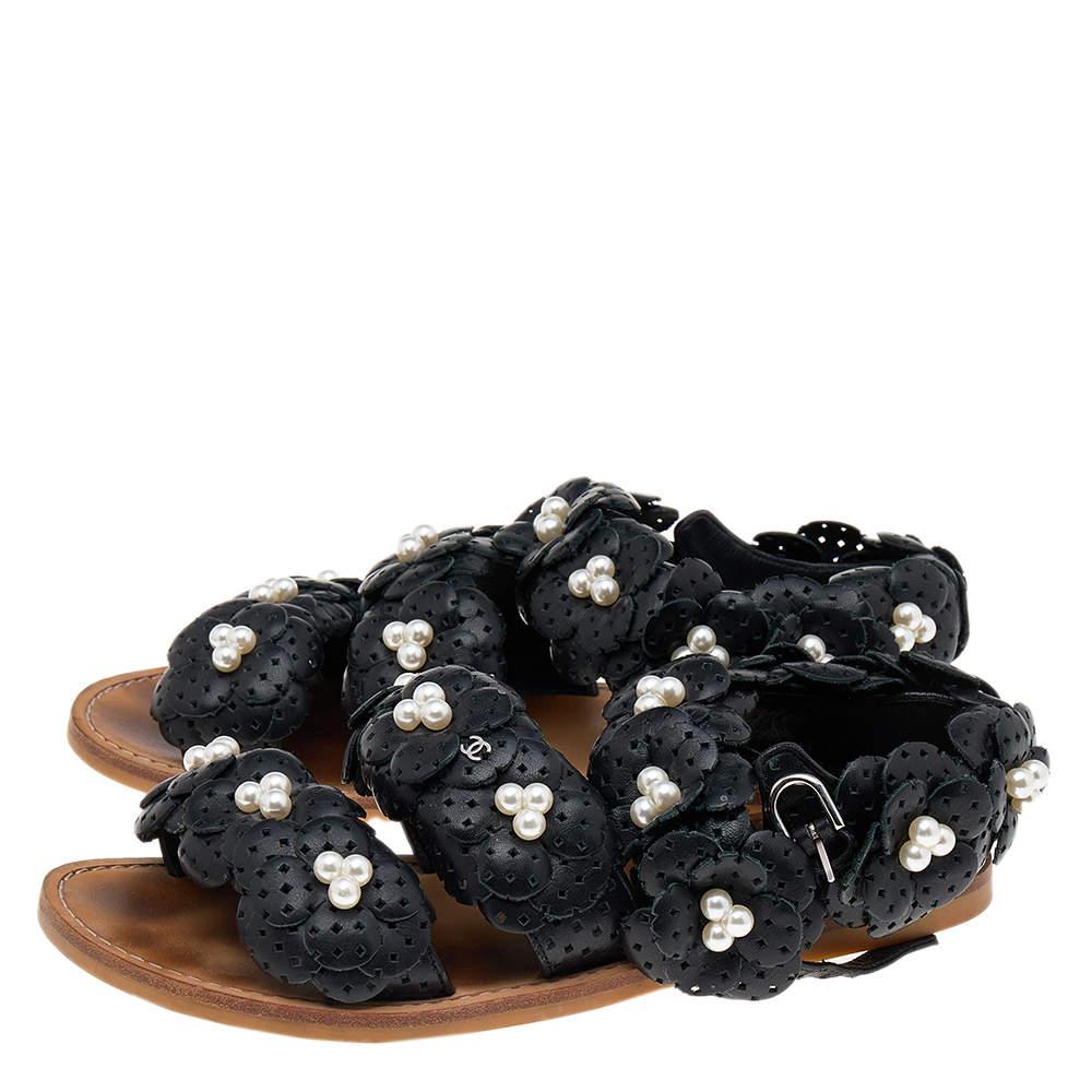 Women's Chanel Black Leather Camellia Flower Pearl Embellished Flat Sandals Size 37.5