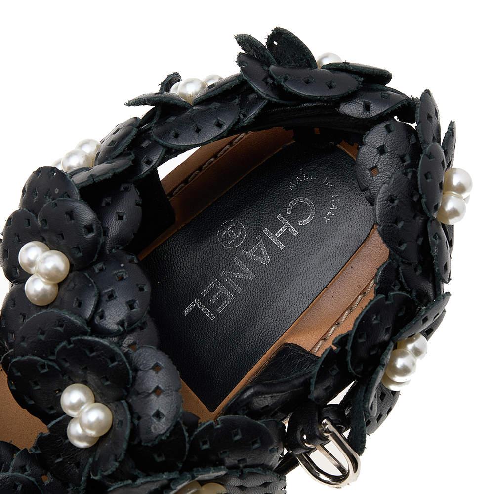 Chanel Black Leather Camellia Flower Pearl Embellished Flat Sandals Size 37.5 1