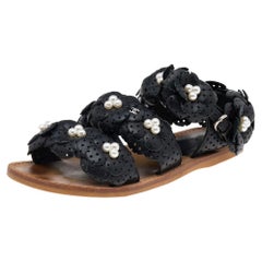 Chanel Black Leather Camellia Flower Pearl Embellished Flat Sandals Size 37.5