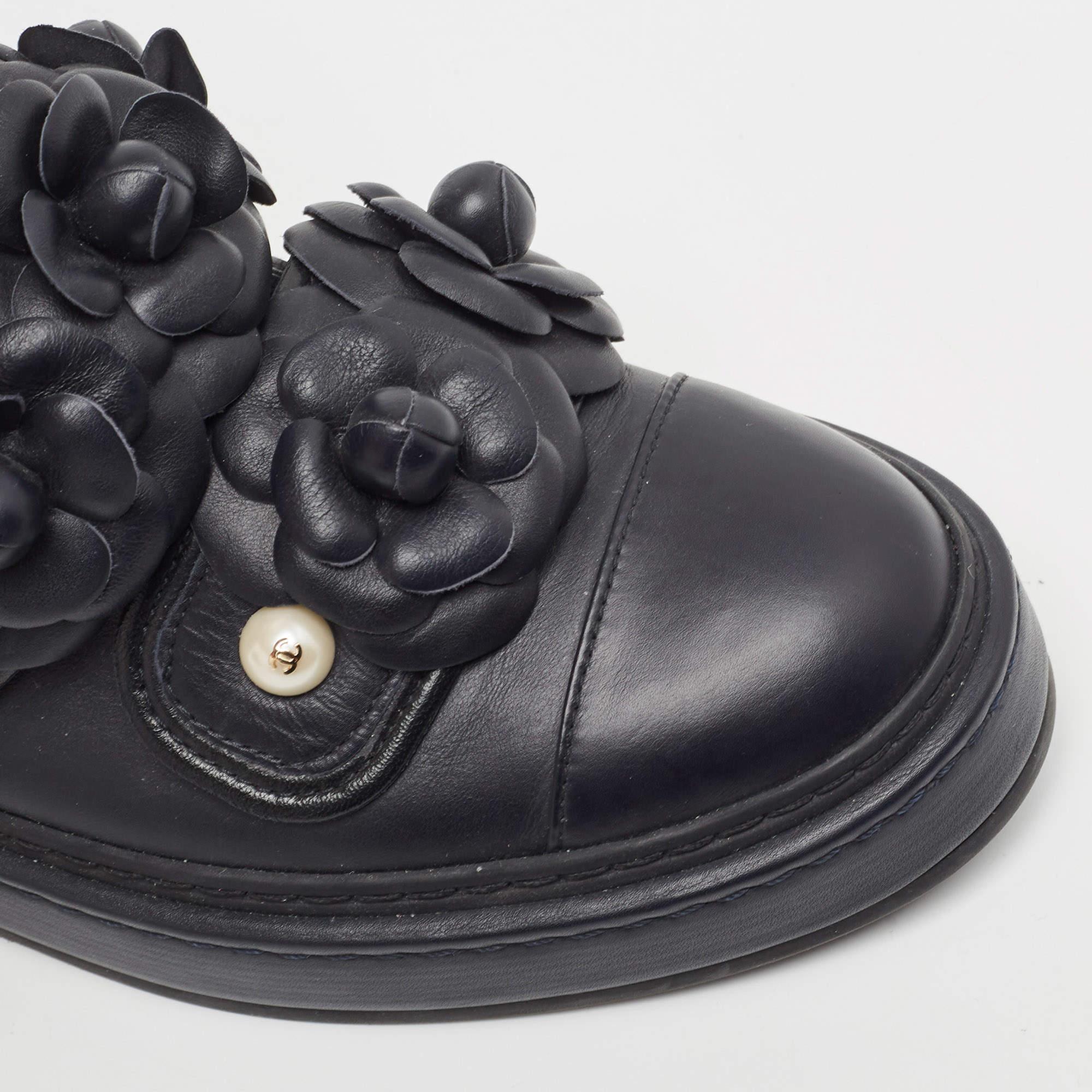 Chanel Black Leather Camellia Flowers Embellished High Top Sneakers Size 36.5 For Sale 2