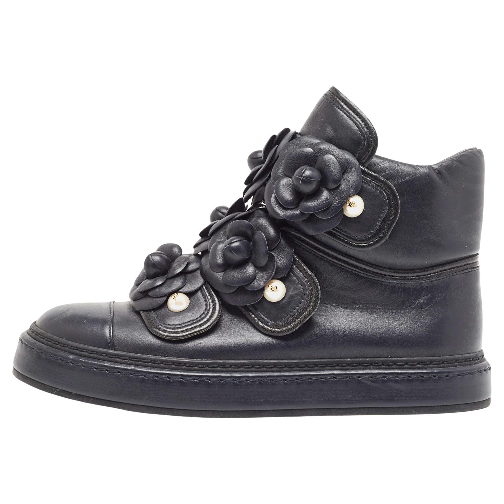 Chanel Black Leather Camellia Flowers Embellished High Top Sneakers Size 36.5 For Sale