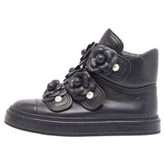 Chanel Black Leather Camellia Flowers Embellished High Top Sneakers Size 36.5