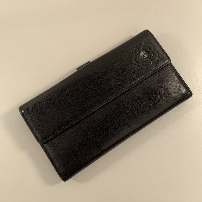 Chanel Black Leather Camellia Long Continental Flap Wallet For Sale at ...