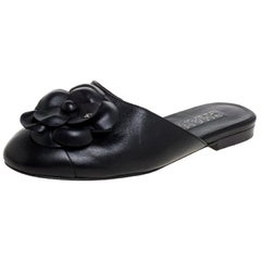 Chanel Black Leather Camellia Sandals Size 36.5