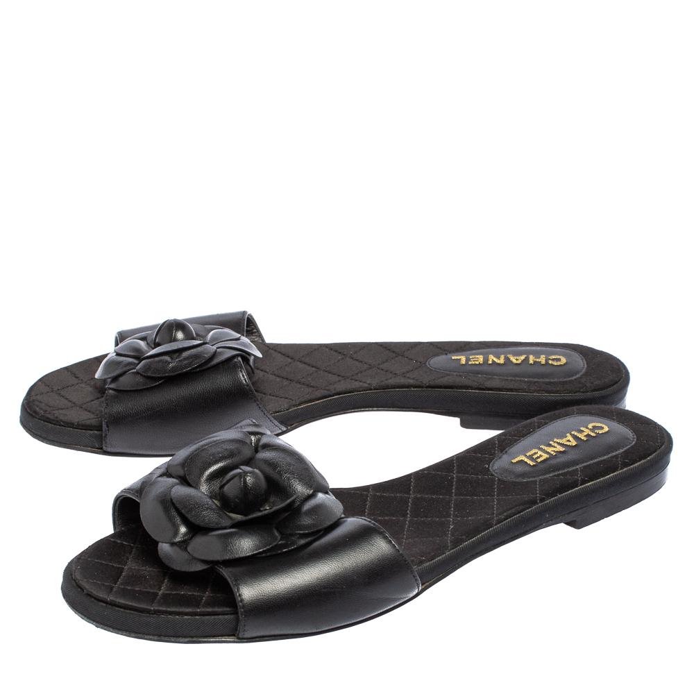 Women's Chanel Black Leather Camellia Slide Flat Sandals Size 37