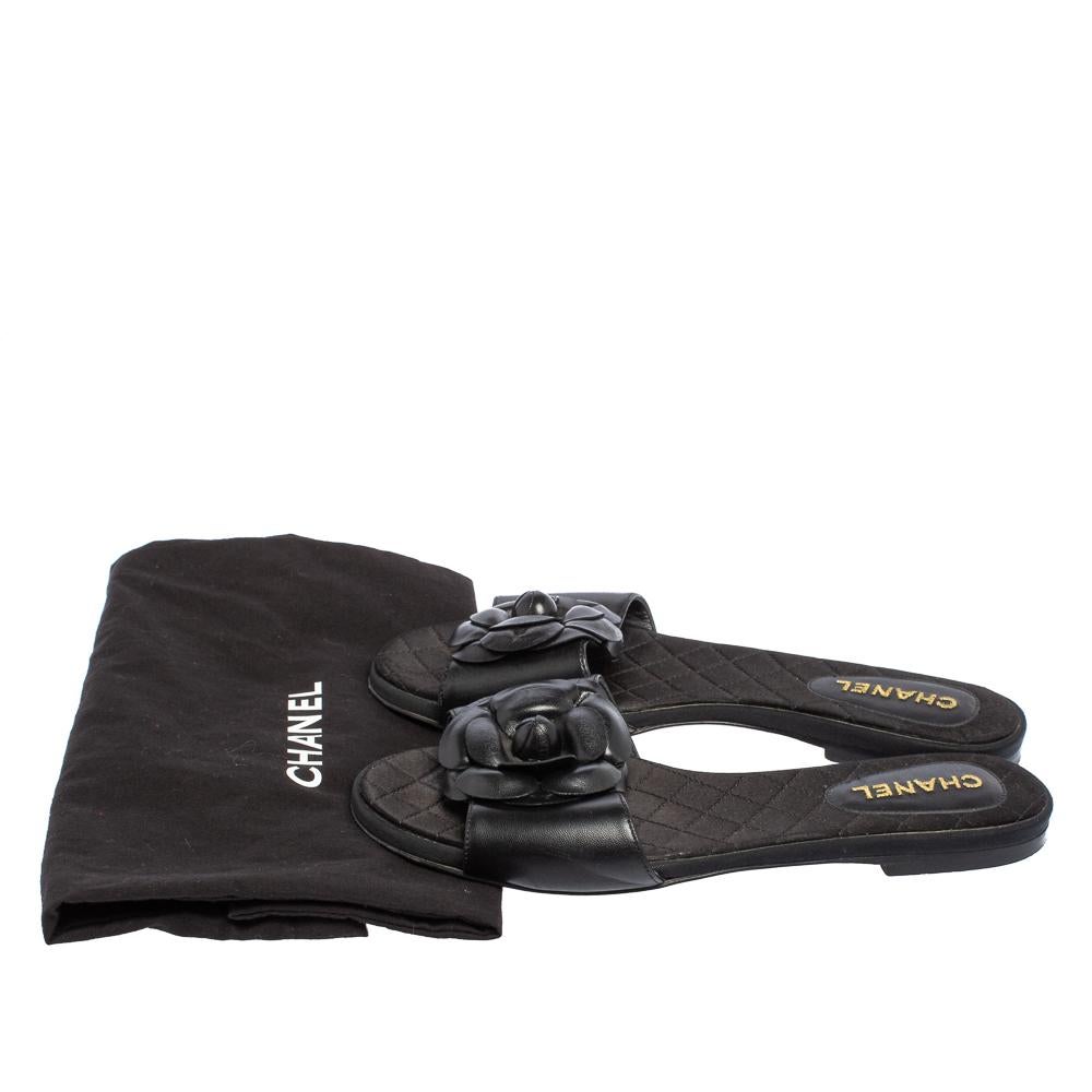 Chanel Black Leather Camellia Slide Flat Sandals Size 37 1
