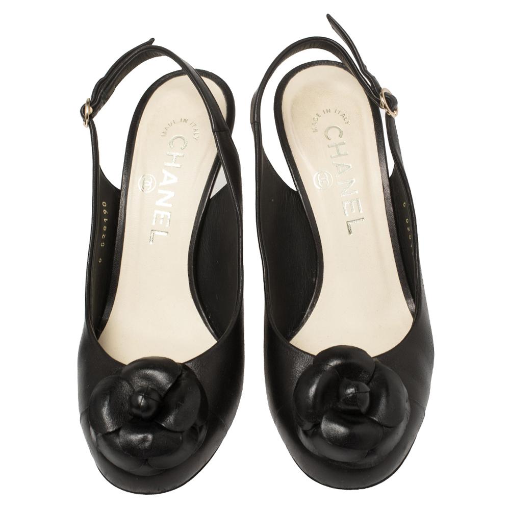 Women's Chanel Black Leather Camellia Slingback Sandals Size 36
