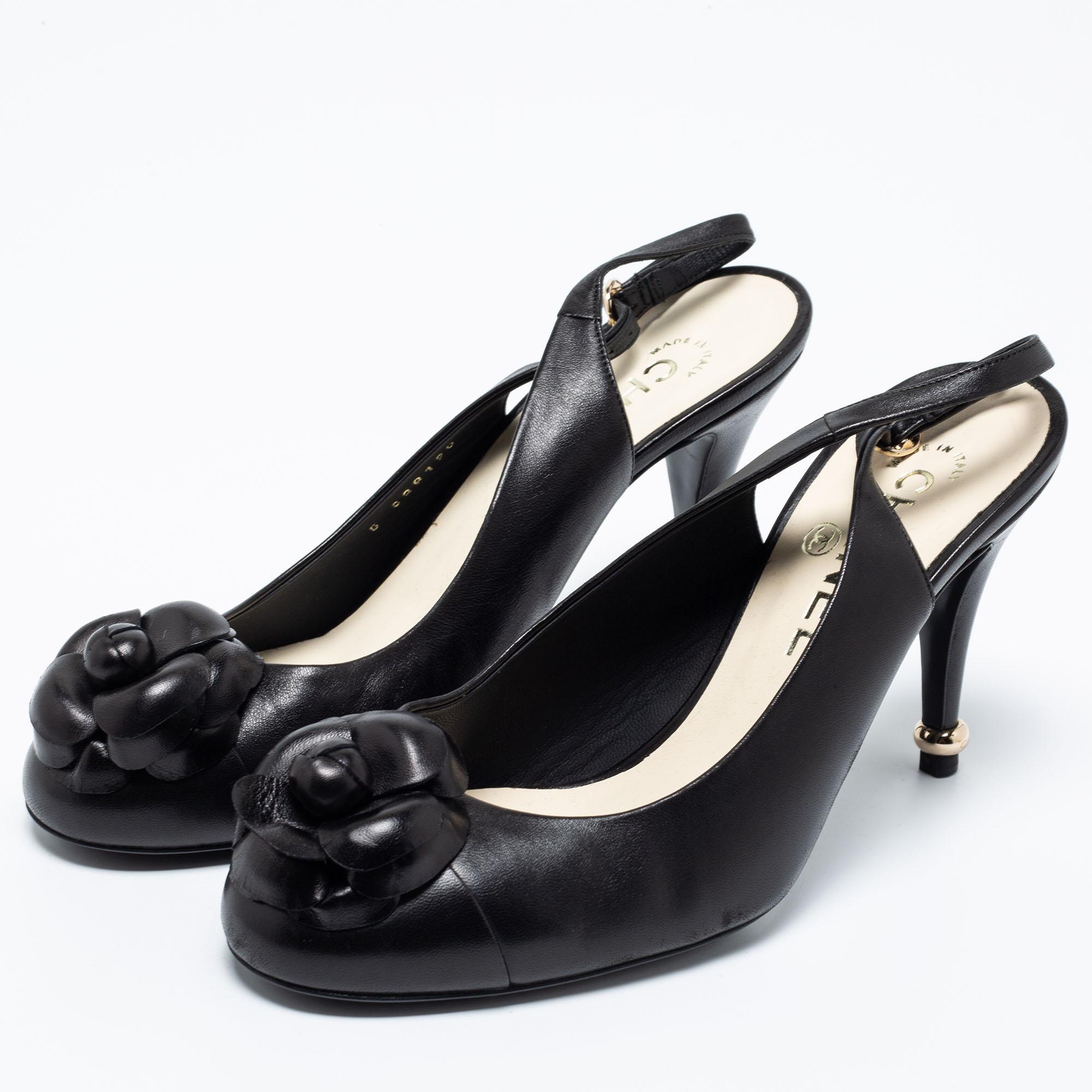Women's Chanel Black Leather Camellia Slingback Sandals Size 38