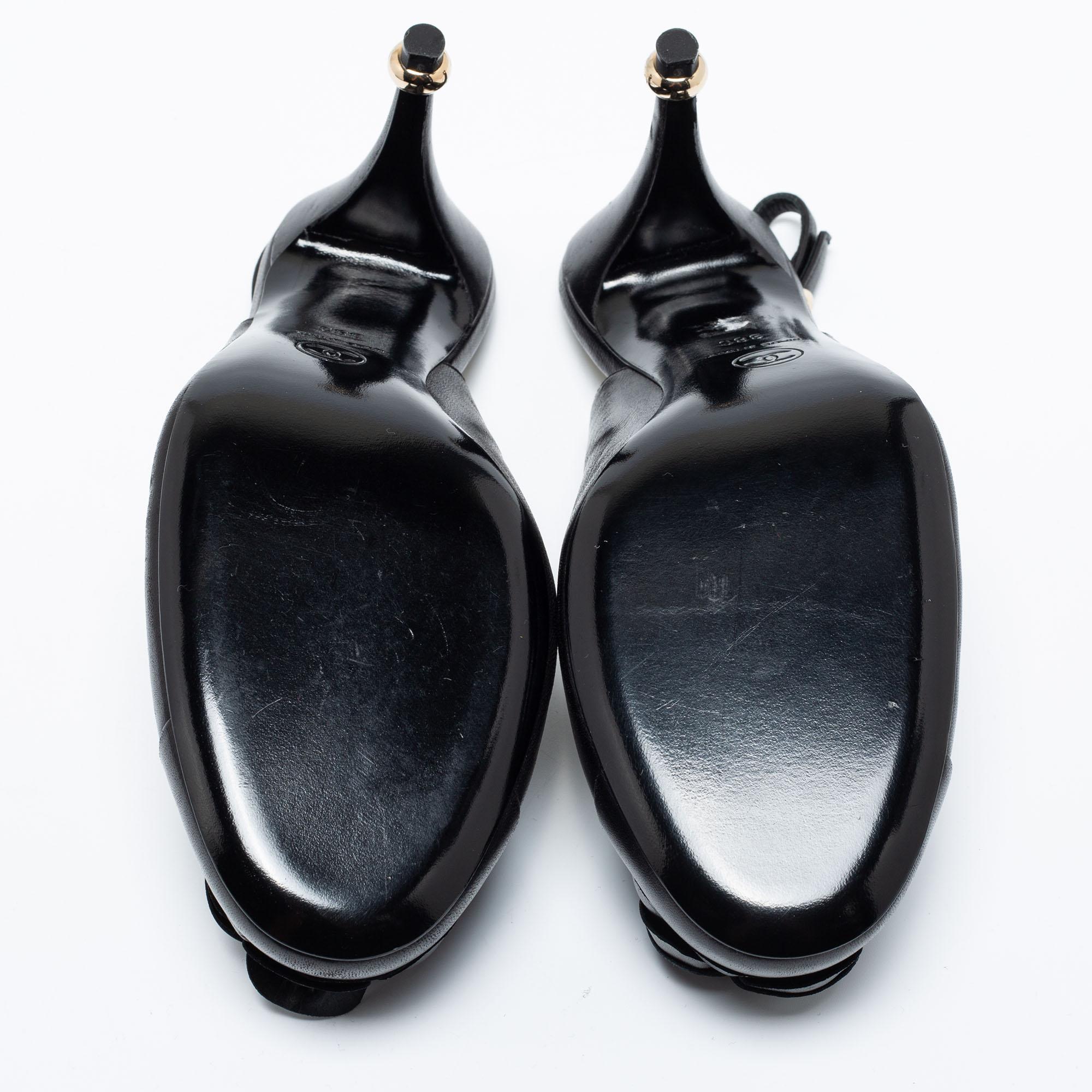Chanel Black Leather Camellia Slingback Sandals Size 38 3