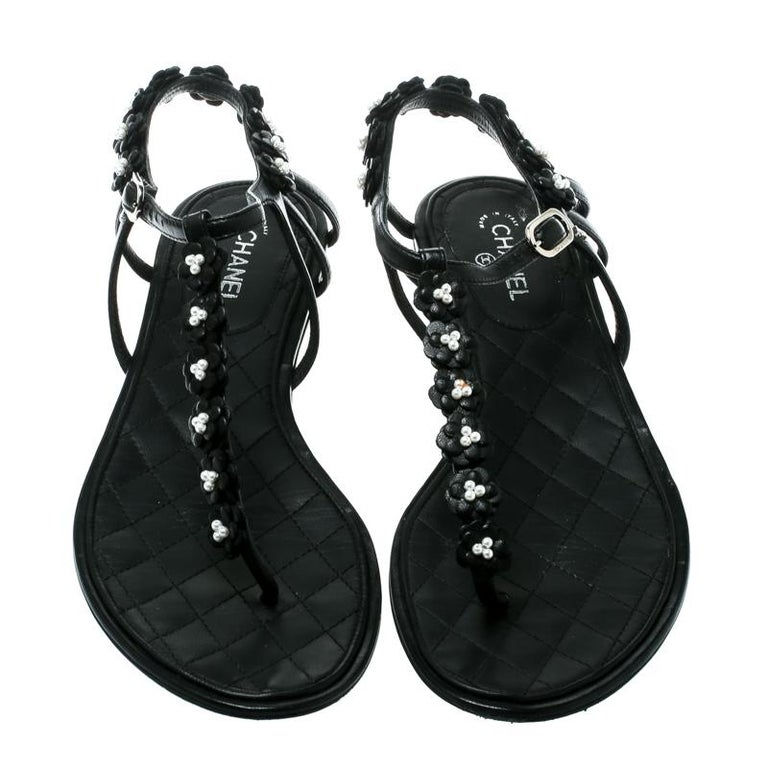 Chanel Black Leather Camellia T-Strap Flat Thong Sandals Size 38 For ...