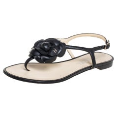 Chanel Black Leather Camellia Thong Flat Sandals Size 36