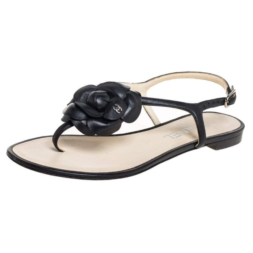 Chanel Camellia Rubber Thong Sandals Ivory Sand 38
