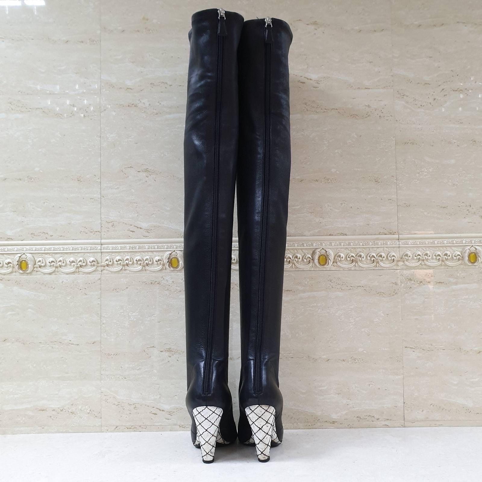 Chanel Black Leather Camellia Wedge Over The Knee Boots  For Sale 4