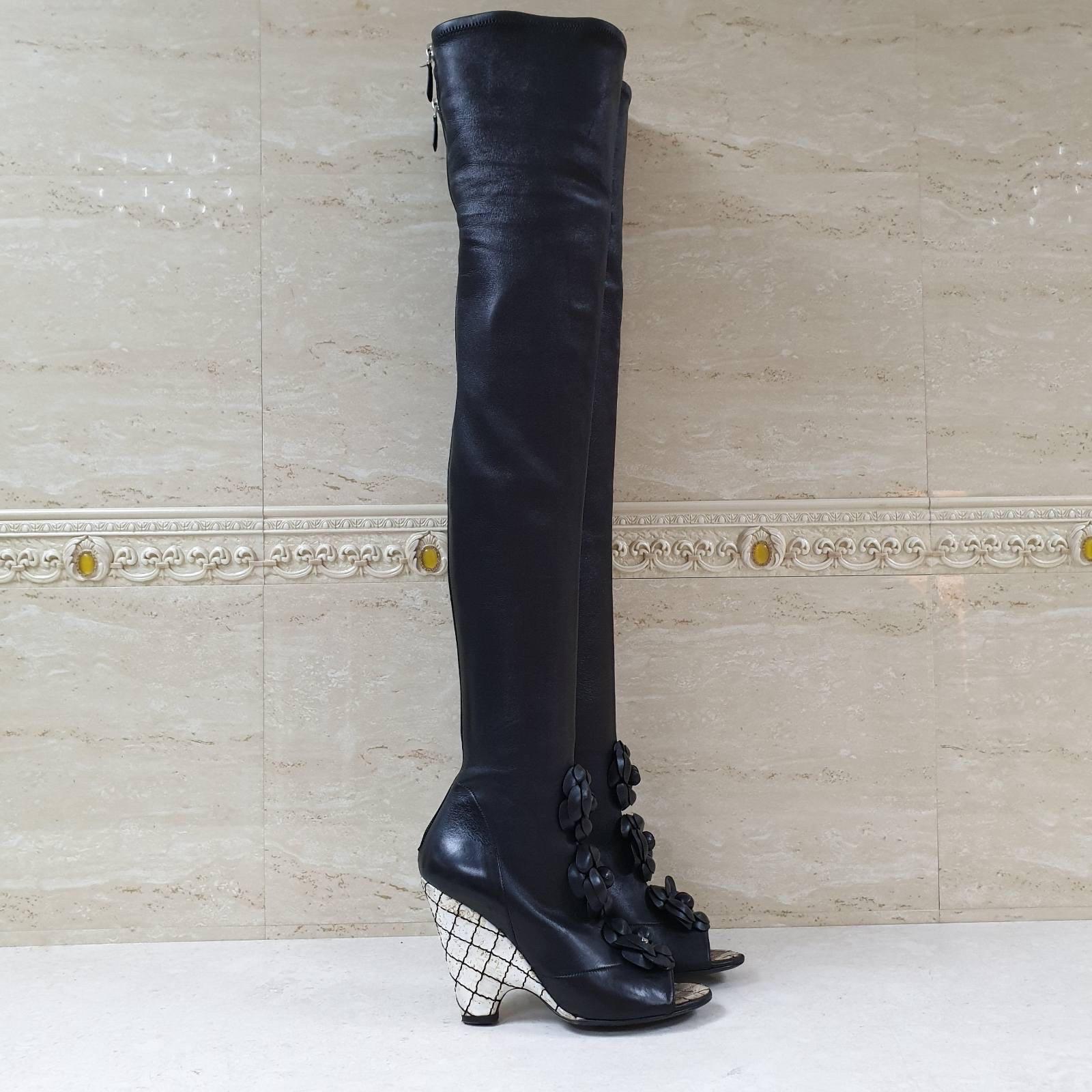 Women's Chanel Black Leather Camellia Wedge Over The Knee Boots  For Sale