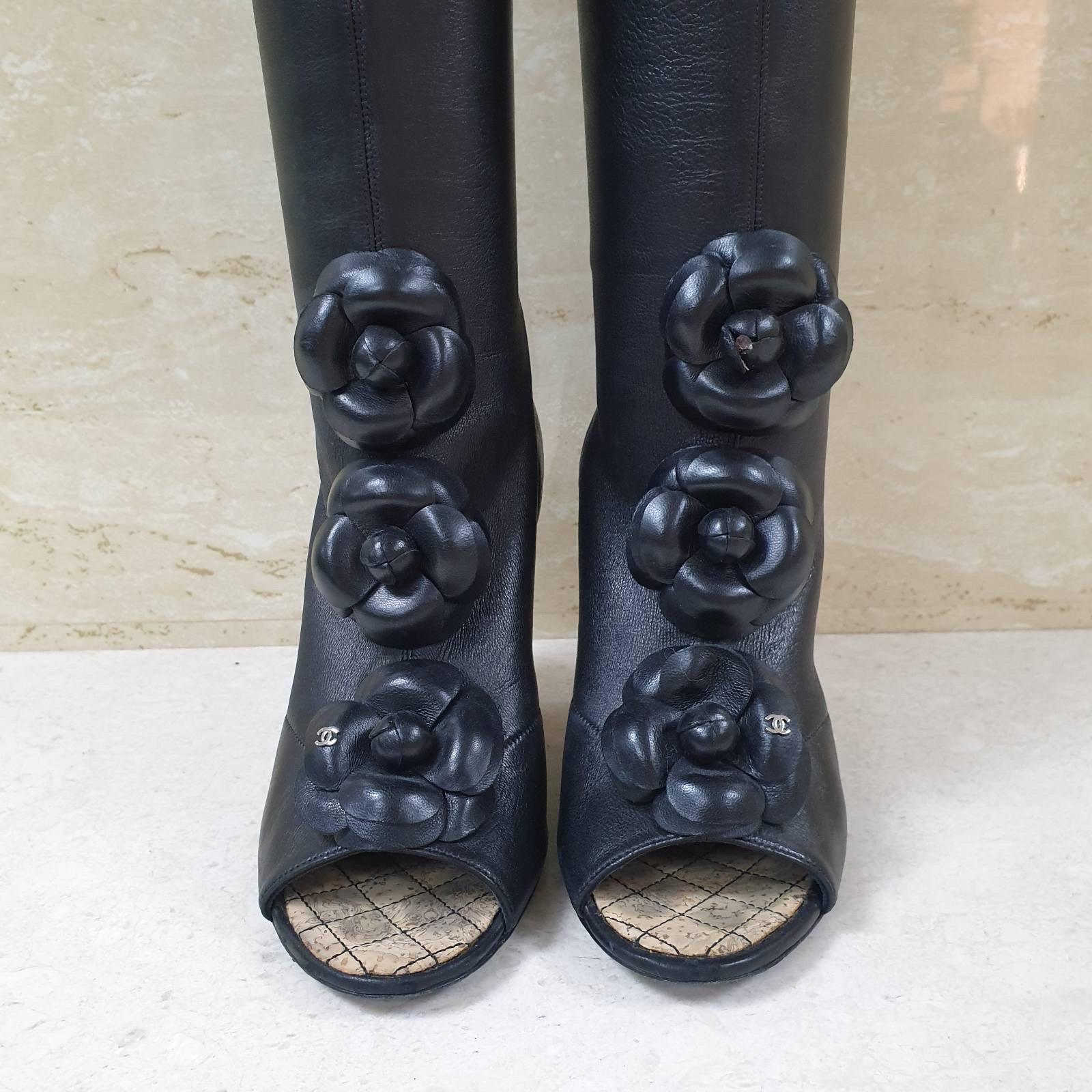 Chanel Black Leather Camellia Wedge Over The Knee Boots  For Sale 1