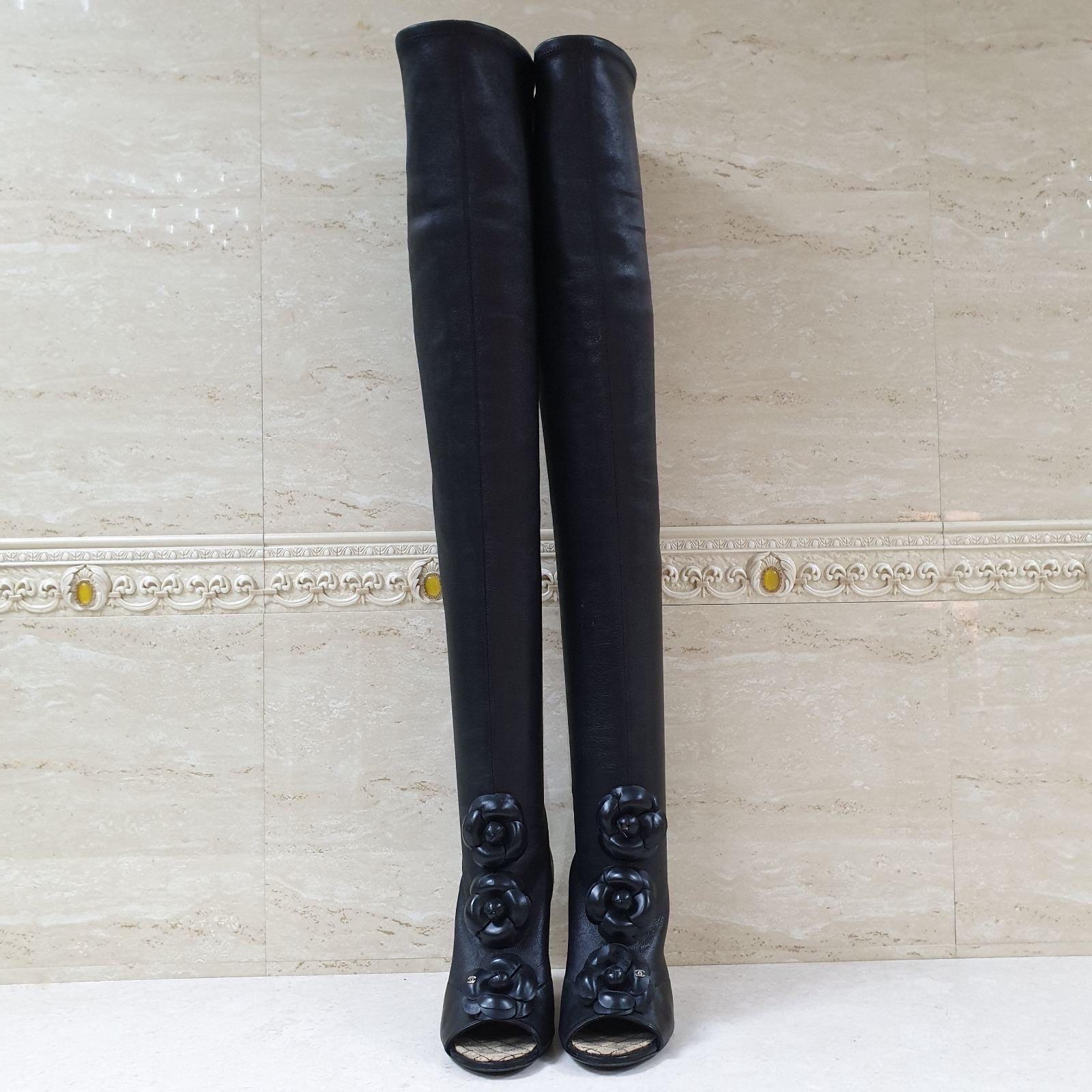 Chanel Black Leather Camellia Wedge Over The Knee Boots  For Sale 3