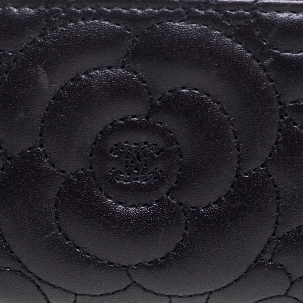 Chanel Black Leather Camellia Zip Around Coin Purse 1