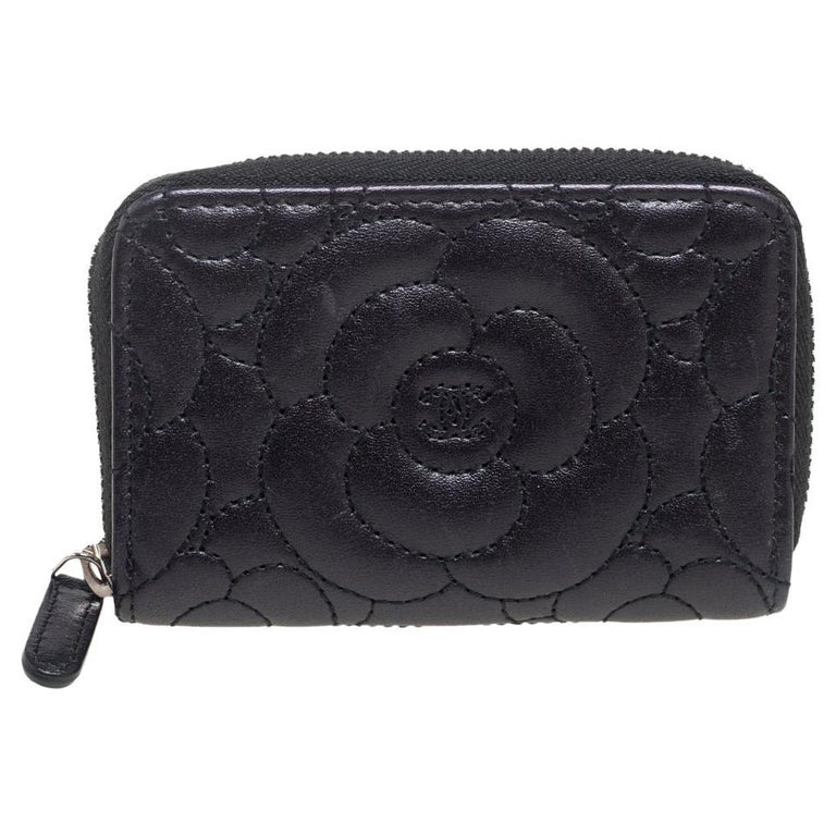 Chanel Black Leather Camellia Zip Around Coin Purse at 1stDibs